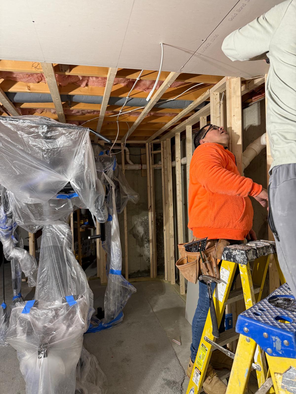 Basement ceiling drywall installed